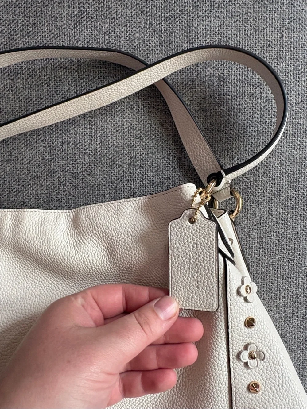 Coach Edie 31 Pebbled Leather Shoulder Bag with Flower Accents in Cream